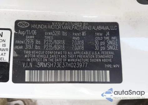 2007 Hyundai Santa Fe Limited/Se from USA, damaged, VIN 5NMSH73E37H023977